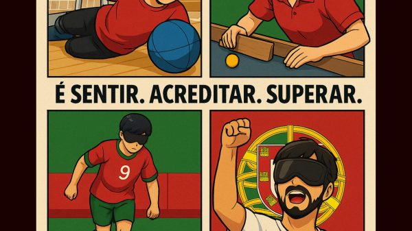 A imagem está dividida em 4 ilustrações. Um atleta a jogar goalball, uma atleta a jogar Showdown, um atleta a jogar futebol para cegos e um atleta a festejar com a bandeira de Portugal por trás.