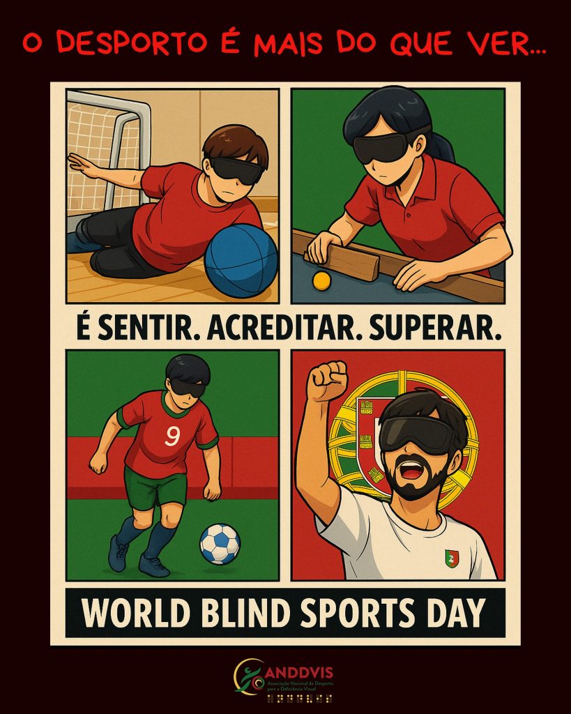 A imagem está dividida em 4 ilustrações. Um atleta a jogar goalball, uma atleta a jogar Showdown, um atleta a jogar futebol para cegos e um atleta a festejar com a bandeira de Portugal por trás.