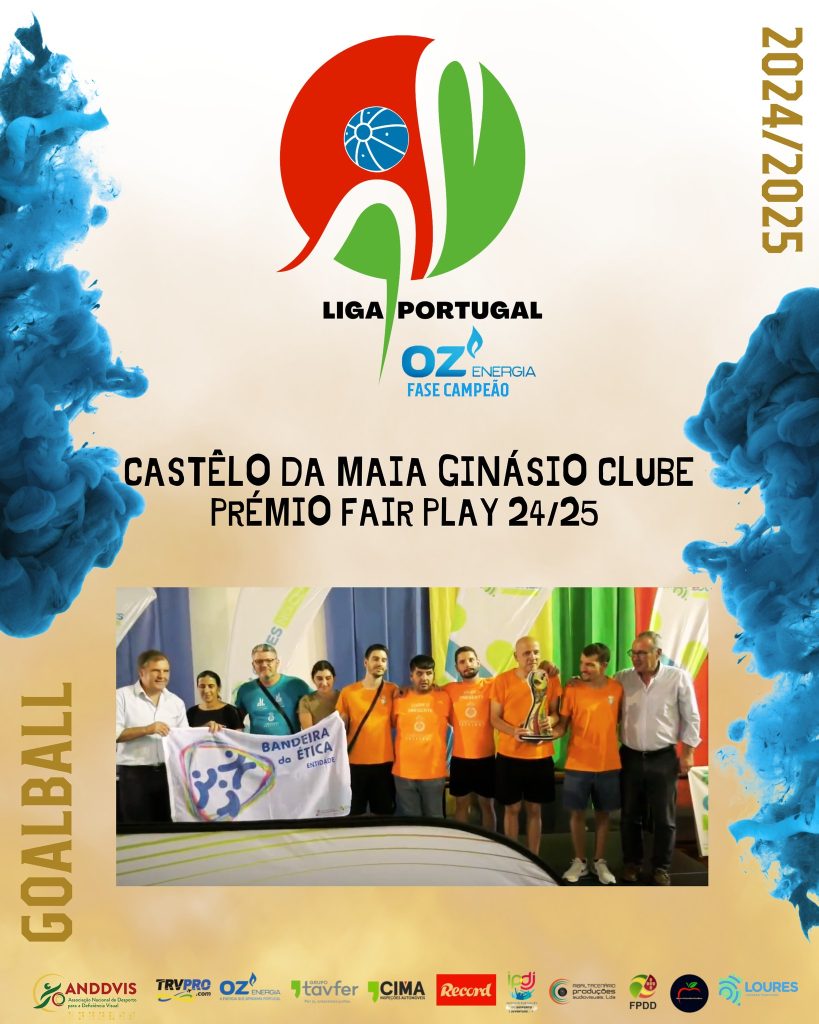 Na imagem estão os atletas e equipa técnica do Castêlo da Maia Ginásio Clube a segurar no troféu e na bandeira da ética