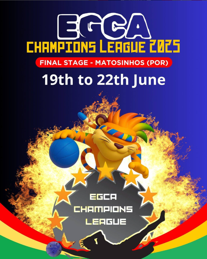 Na parte de cima da imagem está escrito EGCA Champions League, de 19 a 22 de junho, em Matosinhos. Mascote da ANDDVIS, Iris, a lançar uma bola de goalball. Na parte de baixo está o logo da EGCA Champions league.