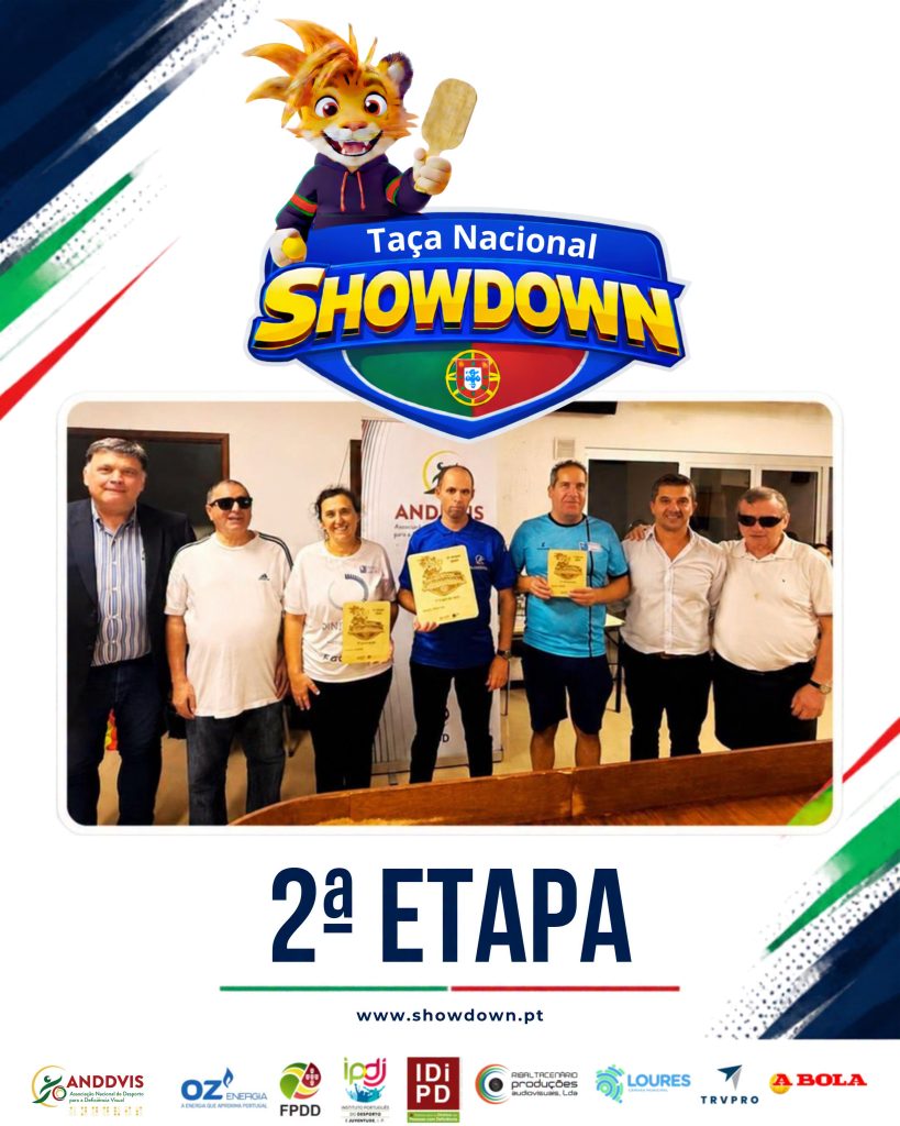 Na imagem estão os atletas que ficaram no pódio, com os respetivos prémios, acompanhados pelo Vice Presidente da ANDDVIS, Vereador da Câmara de Coimbra, Presidente da ACAPO Coimbra e Presidente da ACAPO Porto